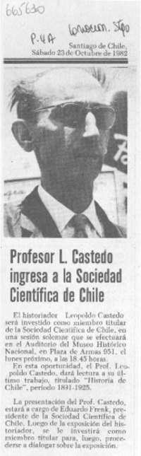 Profesor L. Castedo ingresa a la Sociedad Científica de Chile.