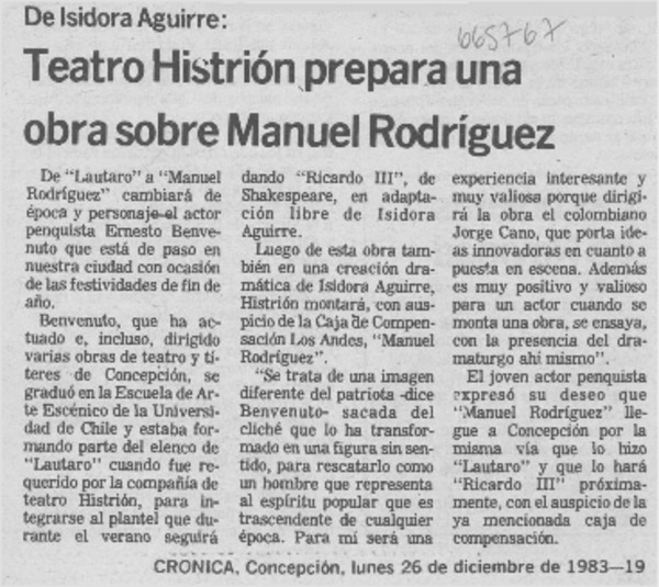 Teatro Histrión prepara una obra sobre Manuel Rodríguez.