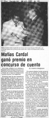 Matías Cardal ganó premio en concurso de cuento.  [artículo]