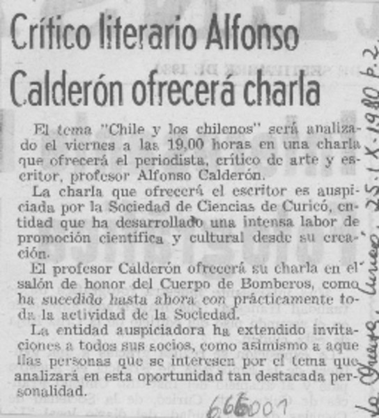 Crítico literario Alfonso Calderón ofrecerá charla.