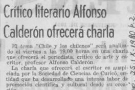 Crítico literario Alfonso Calderón ofrecerá charla.