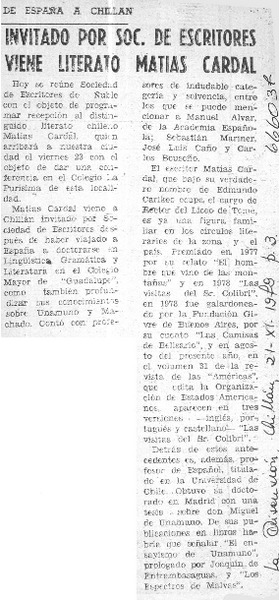 Invitado por Soc. de Escritores viene literato Matías Cardal.  [artículo]