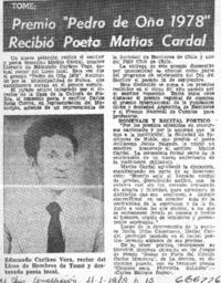 Premio "Premio de Oña 1978" recibió poeta Matías Cardal.  [artículo]