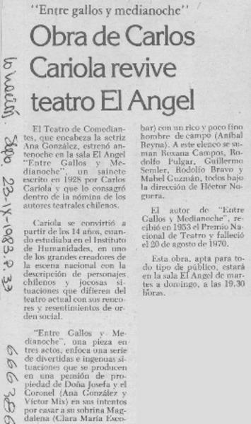 Obra de Carlos Cariola revive teatro El Angel.