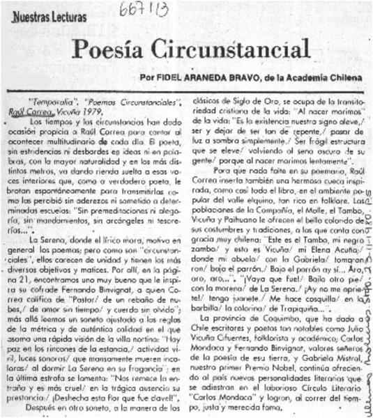 Poesía circunstancial  [artículo] Fidel Araneda Bravo.