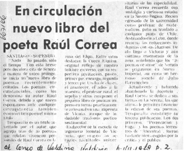 En circulación nuevo libro del poeta Raúl Correa.  [artículo]