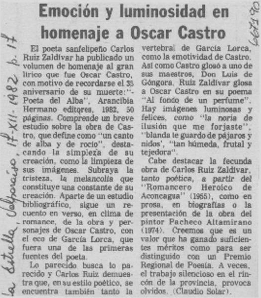 Emoción y luminosidad en homenaje a Oscar Castro.