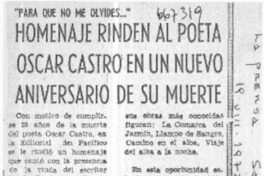 Homenaje rinden al poeta Oscar Castro en un nuevo aniversario de su muerte.  [artículo]