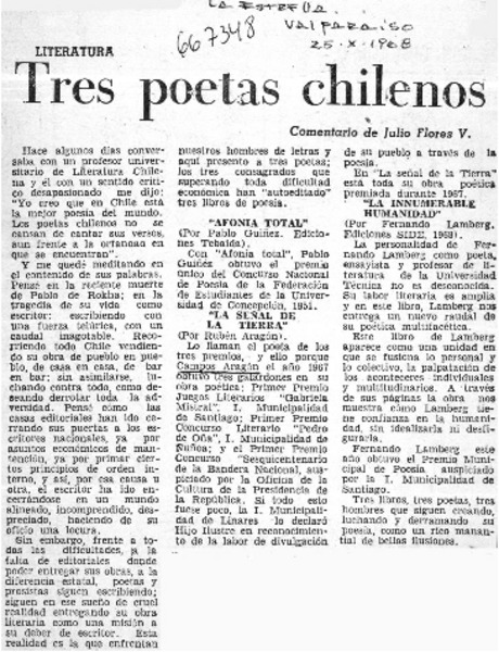 Tres poetas chilenos :  [artículo] Julio Flores V.