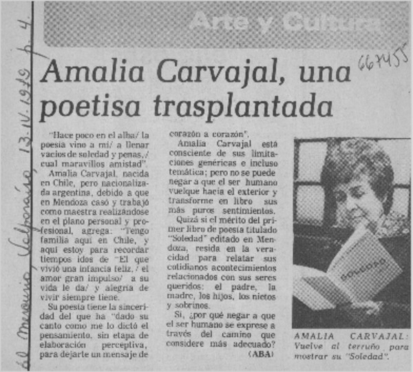Amalia Carvajal, una poetisa trasplantada  [artículo] Aba.