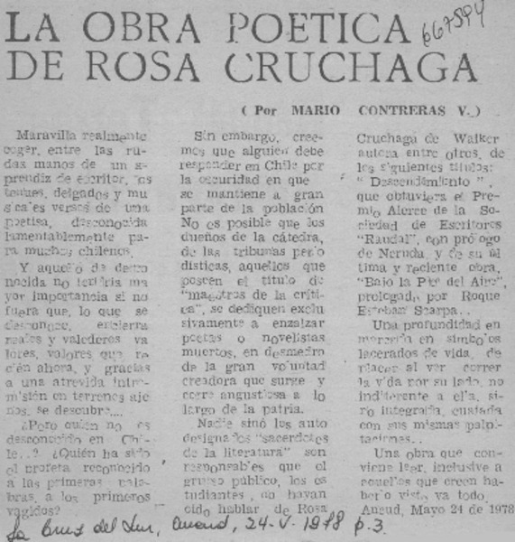 La obra poética de Rosa Cruchaga  [artículo] Mario Contreras V.