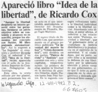 Aparareció libro "Idea de la libertad", de Ricardo Cox.  [artículo]