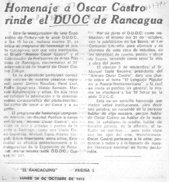 Homenaje a Oscar Castro rinde el DUOC de Rancagua.