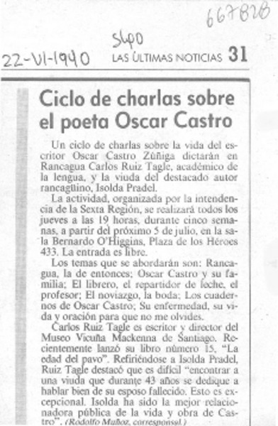 Ciclo de charlas sobre el poeta Oscar Castro.