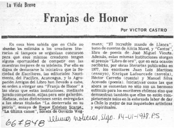 Franjas de honor  [artículo] Víctor Castro.
