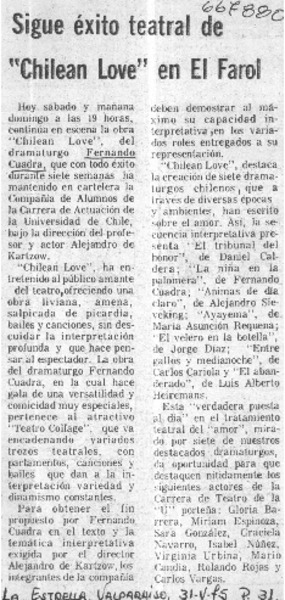 Sigue éxito teatral de "Chilean love" en El Farol.  [artículo]
