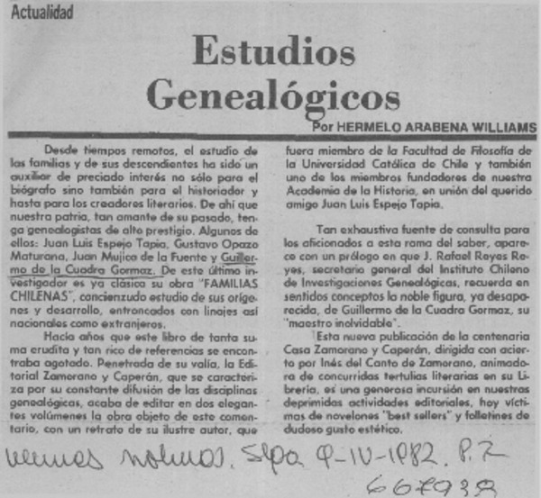 Estudios genealógicos  [artículo] Hermelo Arabena Williams.