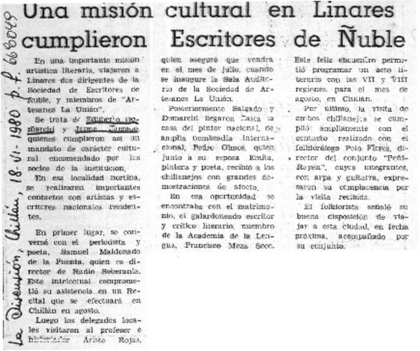 Una misión cultural en Linares cumplieron escritores de Ñuble.  [artículo]