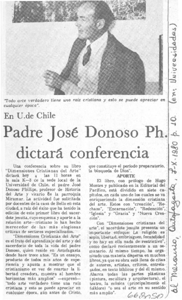 Padre José Donoso Ph. dictará conferencia