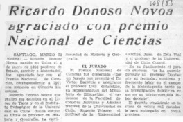 Ricardo Donoso Novoa agraciado con premio Nacional de Ciencias.  [artículo]