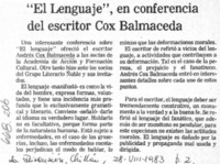 "El Lenguaje", en conferencia del escritor Cox Balmaceda.