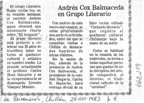 Andrés Cox Balmaceda en grupo literario.