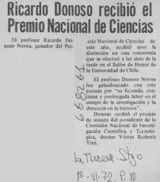 Ricardo Donoso recibió el Premio Nacional de Ciencias