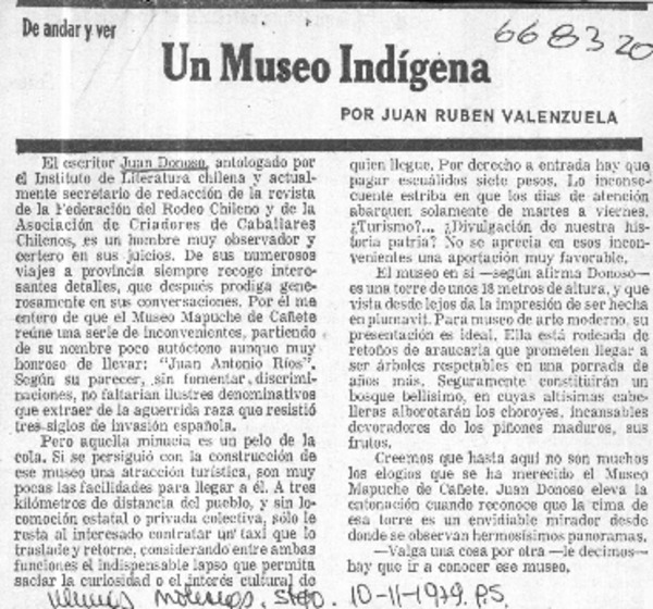Un museo indígena  [artículo] Juan Rubén Valenzuela.