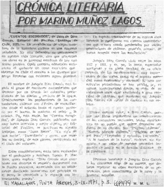 Cuentos escogidos  [artículo] Marino Muñoz Lagos.