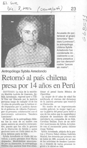 Retornó al país chilena presa por 14 años en Perú.