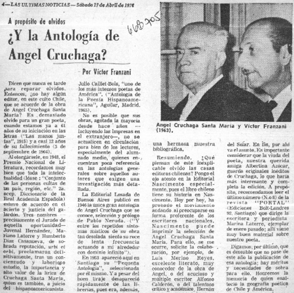 Y la antología de Angel Cruchaga?  [artículo] Víctor Franzani.