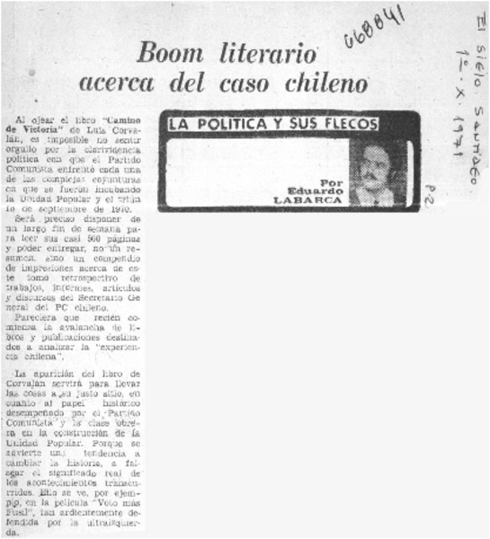 Boom literario acerca del caso chileno  [artículo] Eduardo Labarca.