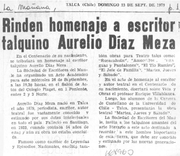Rinden homenaje a escritor talquino Aurelio Díaz Meza.