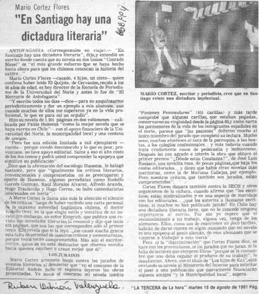 En Santiago hay una dictadura literaria"  [artículo] Rubén Adrián Valenzuela.