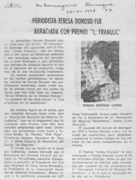 Periodísta Teresa Donoso fue agraciada con premio "L. Franulic".