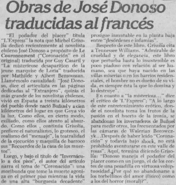 Obras de José Donoso traducidas al francés.