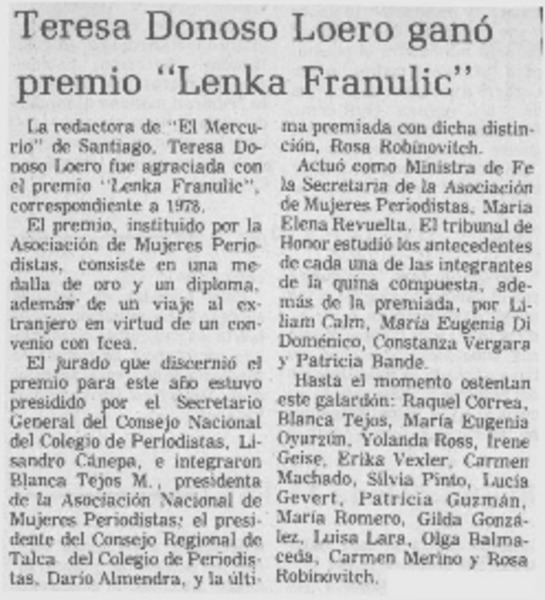 Teresa Donoso Loero ganó Premio "Lenka Franulic".
