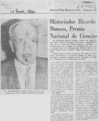 Historiador Ricardo Donoso, Premio Nacional de Ciencias.