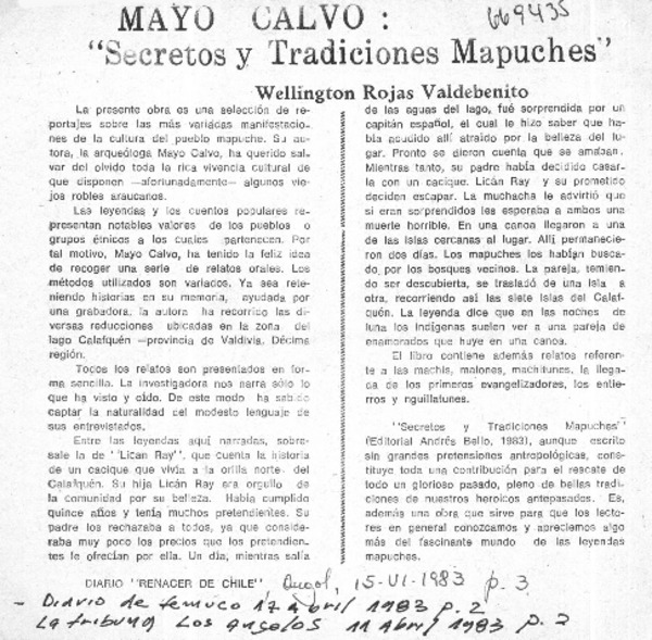 Mayo Calvo, "Secretos y tradiciones mapuches"
