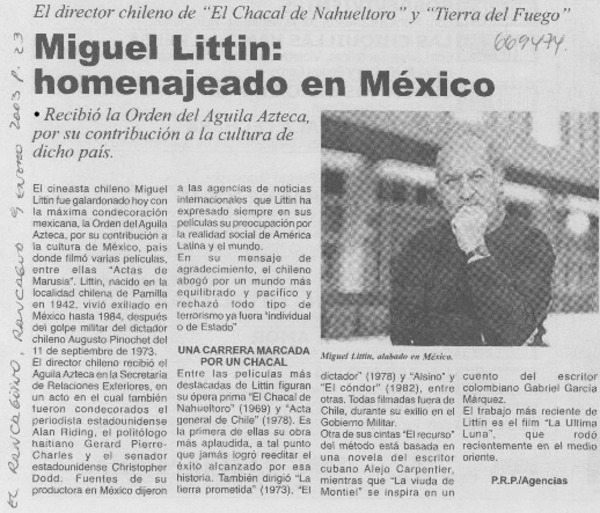 Miguel Littin: homenajeado en México.