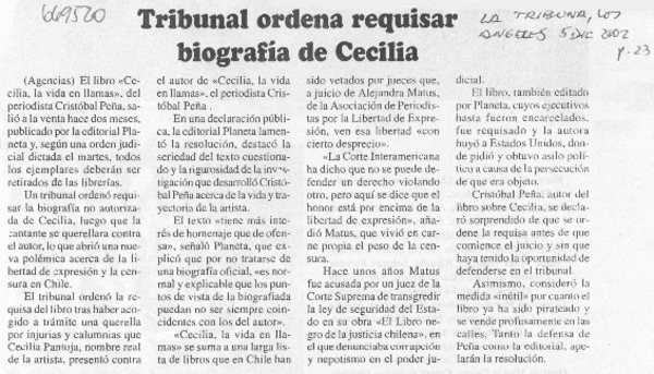Tribunal ordena requisar biografía de Cecilia.