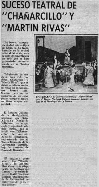 Suceso teatral de "Chañarcillo" y "Martín Rivas".