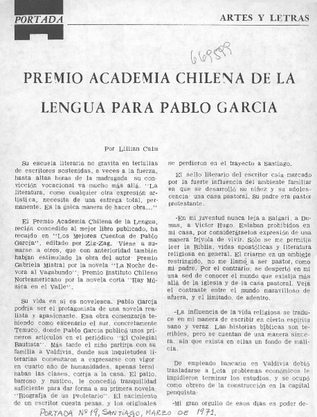 Premio Academia Chilena de la Lengua para Pablo García