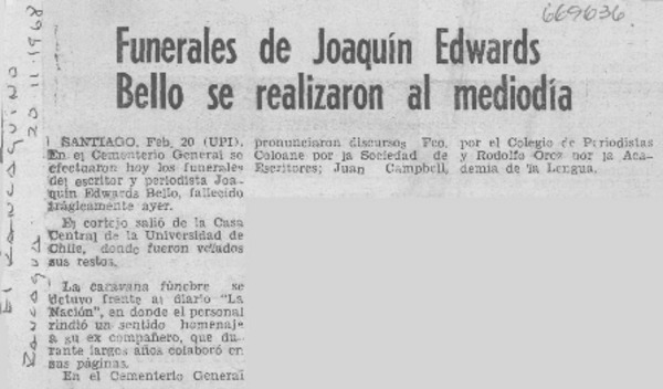 Funerales de Joaquín Edwards Bello se realizaron al mediodía.