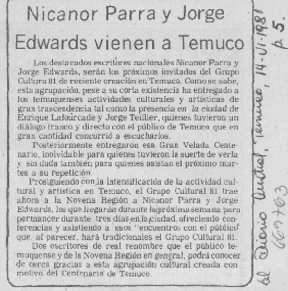Nicanor Parra y Jorge Edwards vienen a Temuco.