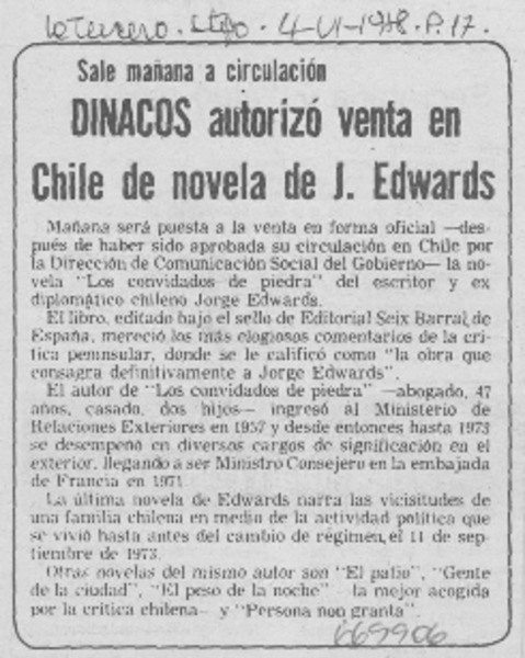 DINACOS autorizó venta en Chile de novela de J. Edwards.