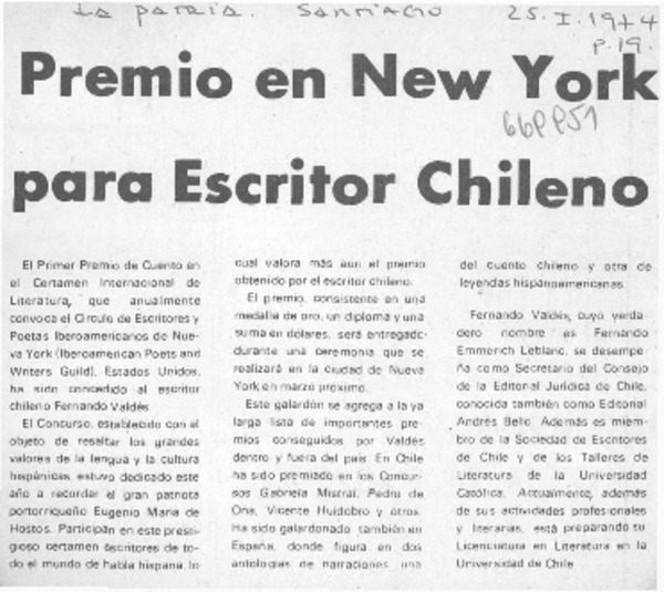 Premio en New York para escritor chileno.