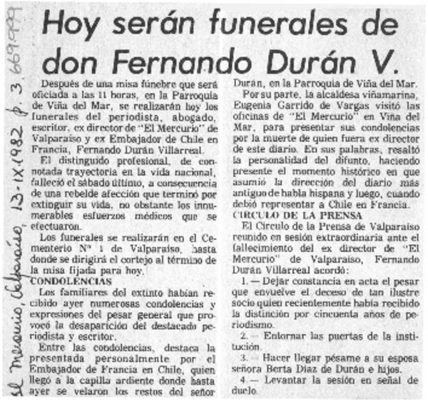 Hoy serán funerales de don Fernando Durán V.