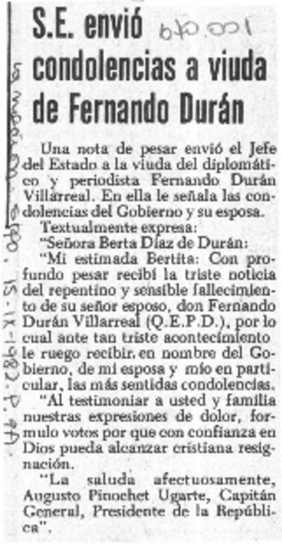 S. E. envió condolencias a viuda de Fernando Durán.