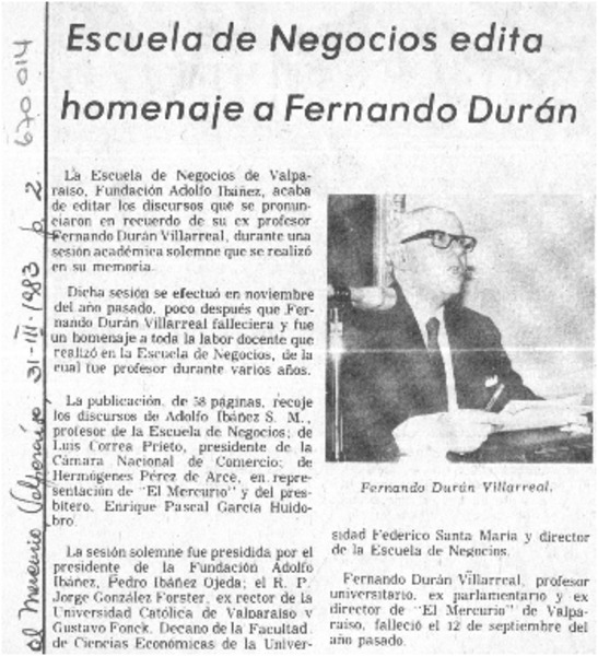 Escuela de negocios edita homenaje a Fernando Durán.